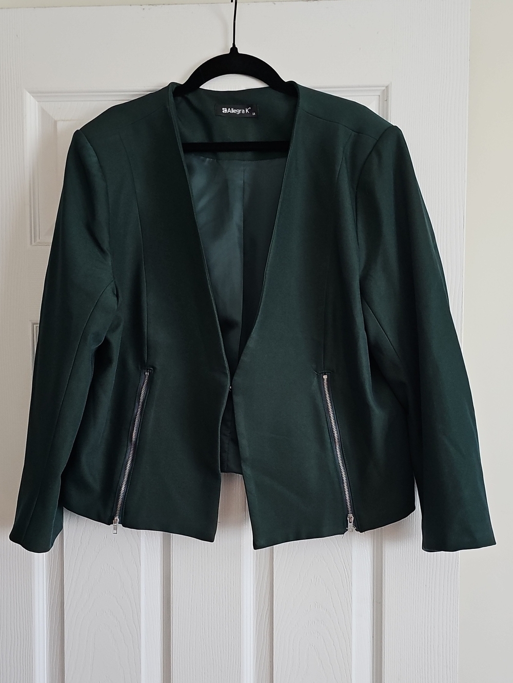 Allegra K Women’s Forest Green Open Front Blazer with Zip Pockets